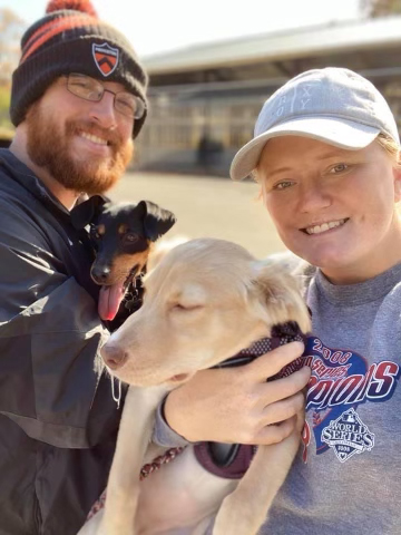 Warren Croxton with his wife Michelle, and dogs Olive and Reese